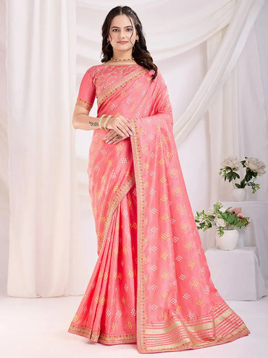 Amazing Coral Pink Bandhani Printed Silk Festival Wear Saree